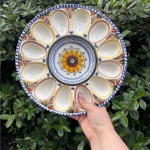 Vintage Handpainted Spanish Ceramic Deviled Egg Platter with Floral Motif